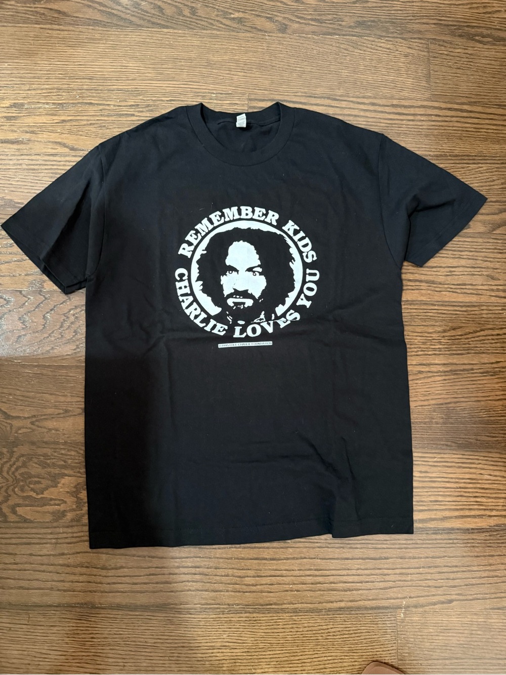 Charles Manson Black Graphic Crew Neck Tee - Remember Kids Charlie Loves You